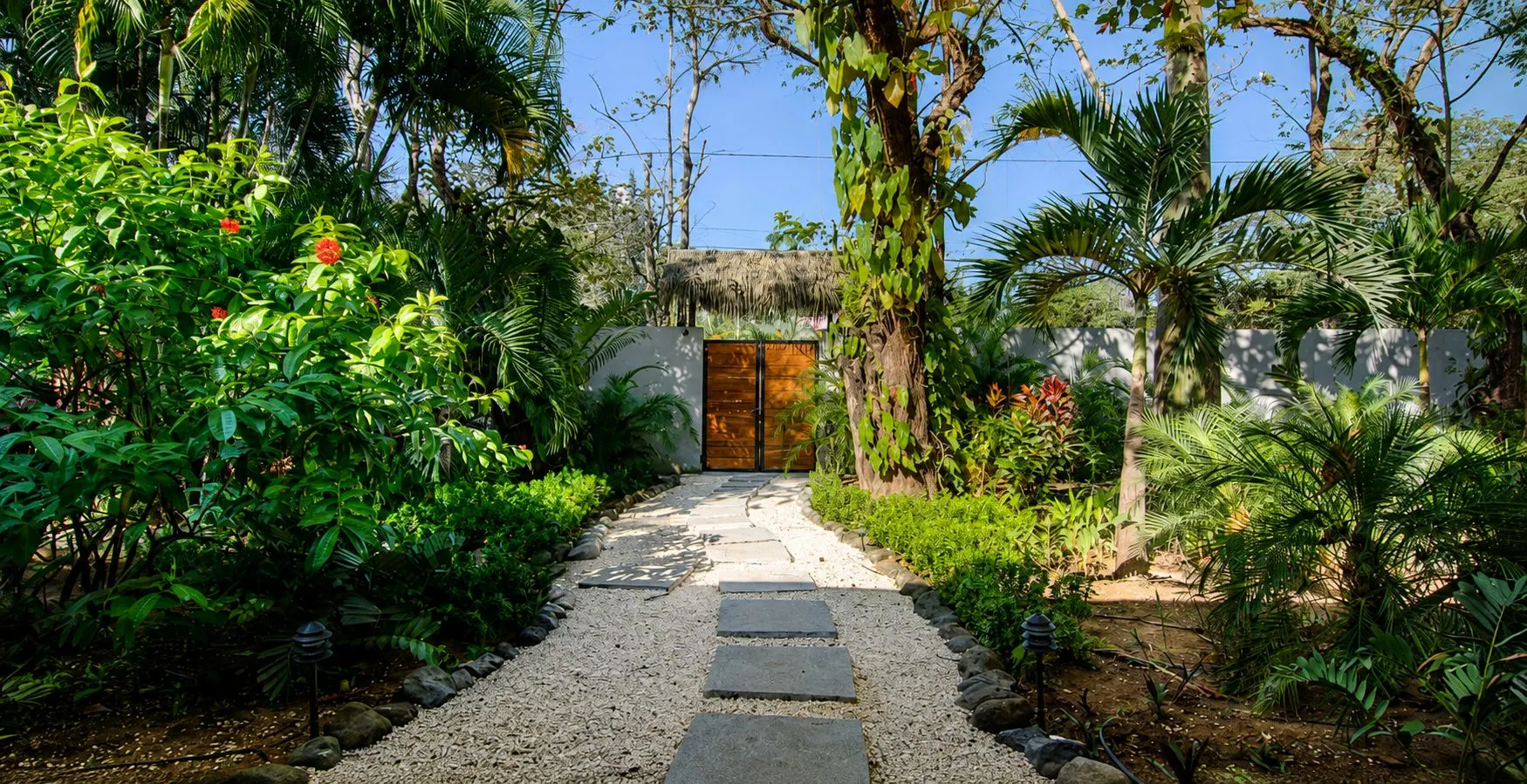 A gravel path inlaid with square concrete stepping stones leading straight to a small wooden double door set in a white perimeter wall under a thatched eyebrow roof, flanked by hibiscus, crotons and palms.