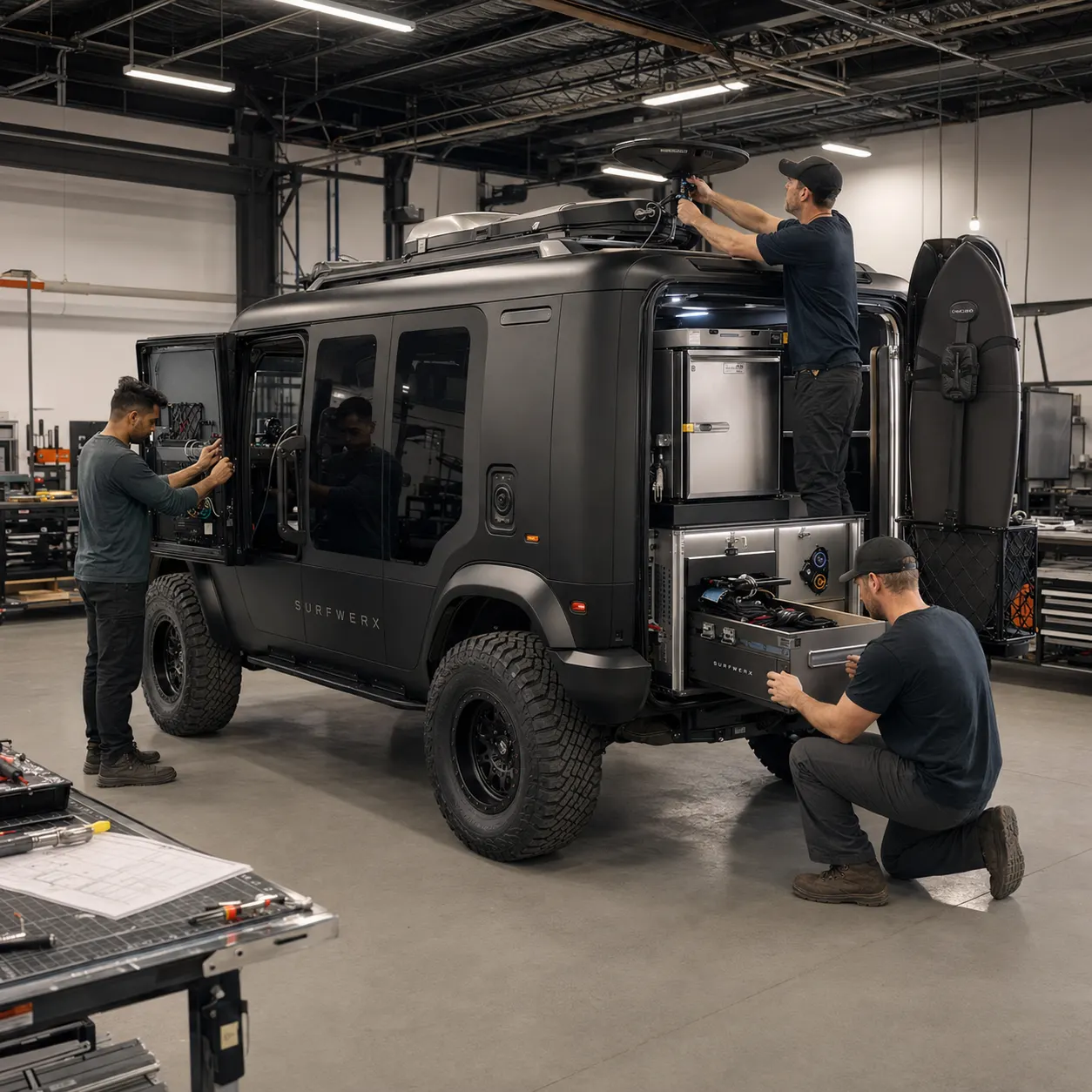 Three technicians outfitting the WERX-Mobile in a fabrication bay: one mounting the roof satellite dome, one wiring the interior, one fitting a rear equipment drawer beside the cold-storage unit and board carrier.