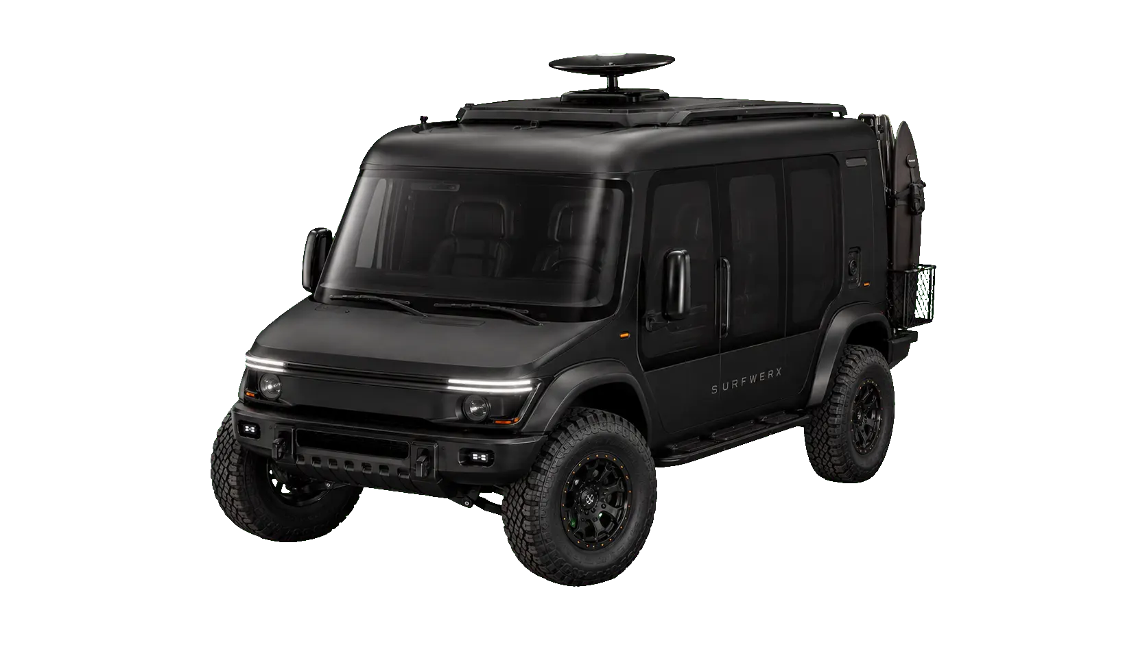 The WERX-Mobile concept: a matte-black high-clearance 4x4 expedition vehicle, front three-quarter view, with a roof-mounted satellite dome, roof rack and a surfboard on the rear carrier.