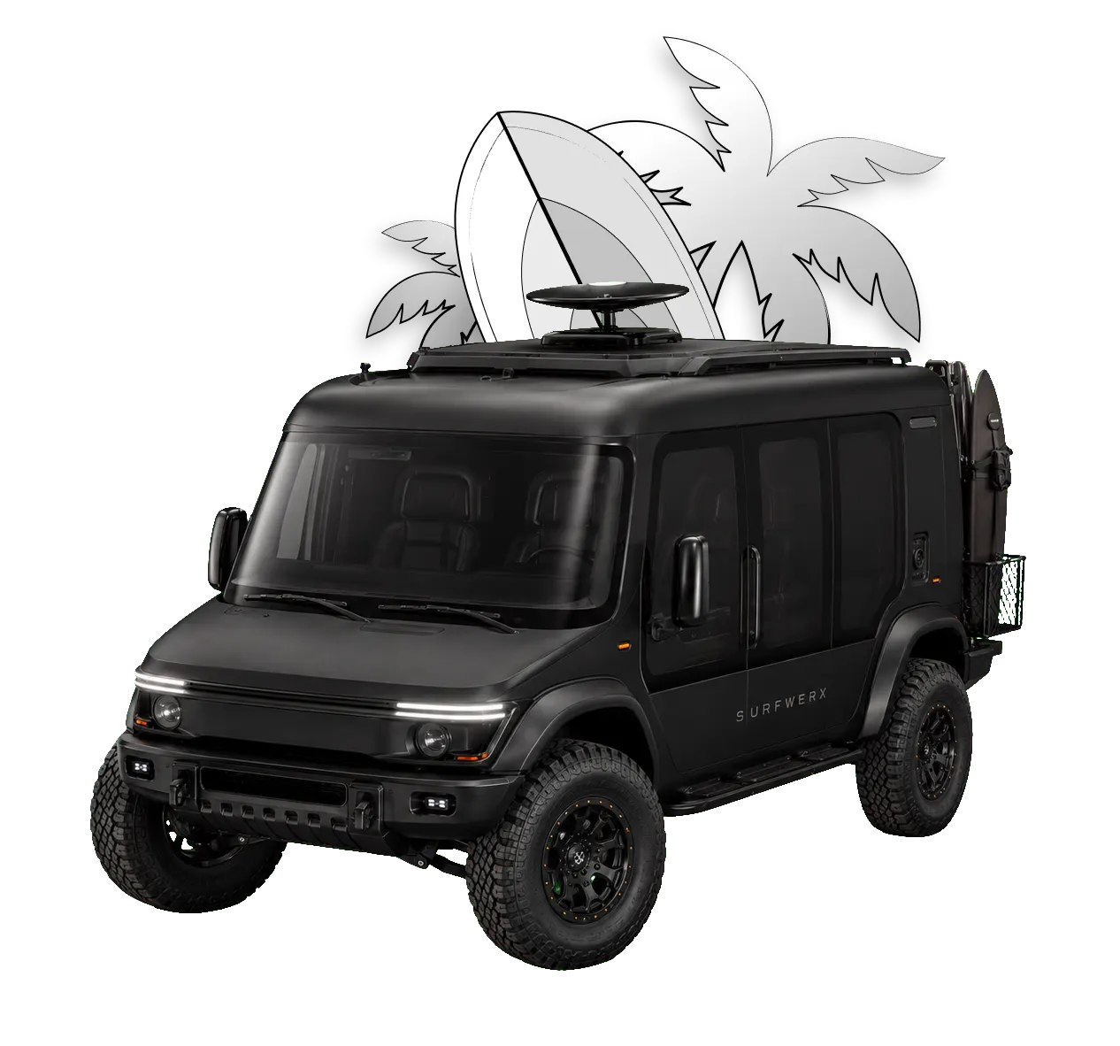 The WERX-Mobile concept: a matte-black high-clearance 4x4 expedition vehicle, front three-quarter view, with a roof-mounted satellite dome, roof rack and a surfboard on the rear carrier.