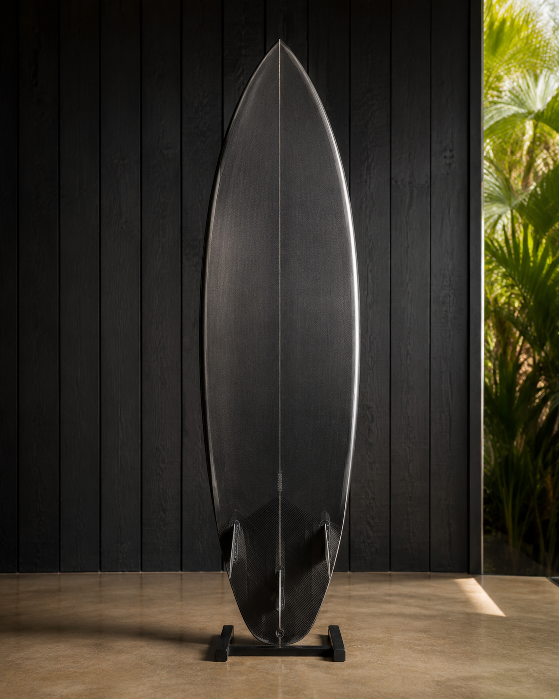 A black carbon-weave step-up shortboard with a pulled-in pointed nose, standing on a rack against dark timber.