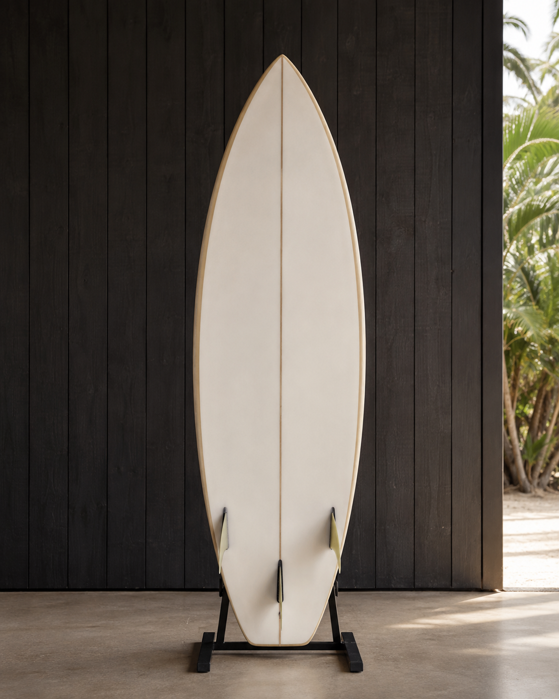 A cream everyday shortboard with a fine wood stringer, standing on a rack against dark timber.