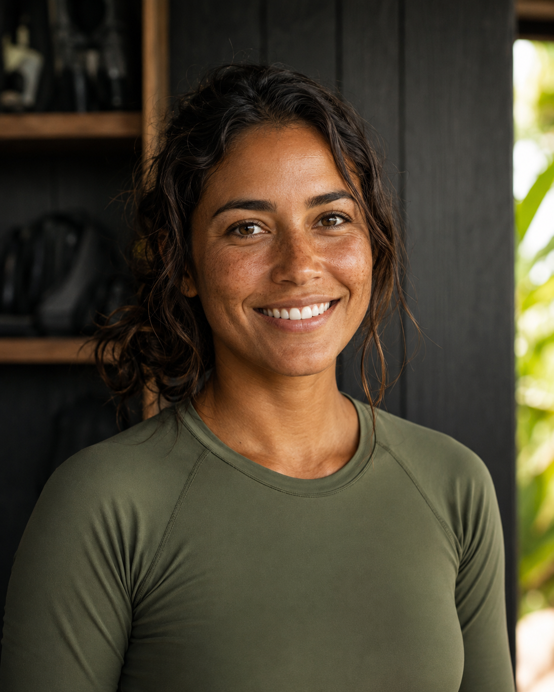 Portrait of Valeria Rojas, a SurfWERX guide, in an olive technical surf top against a charred-wood wall beside racked equipment.