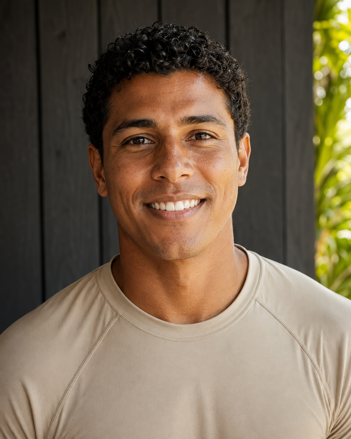 Portrait of Diego Cordero, a SurfWERX guide, in a sand-coloured technical surf top against a charred-wood wall with palms behind.