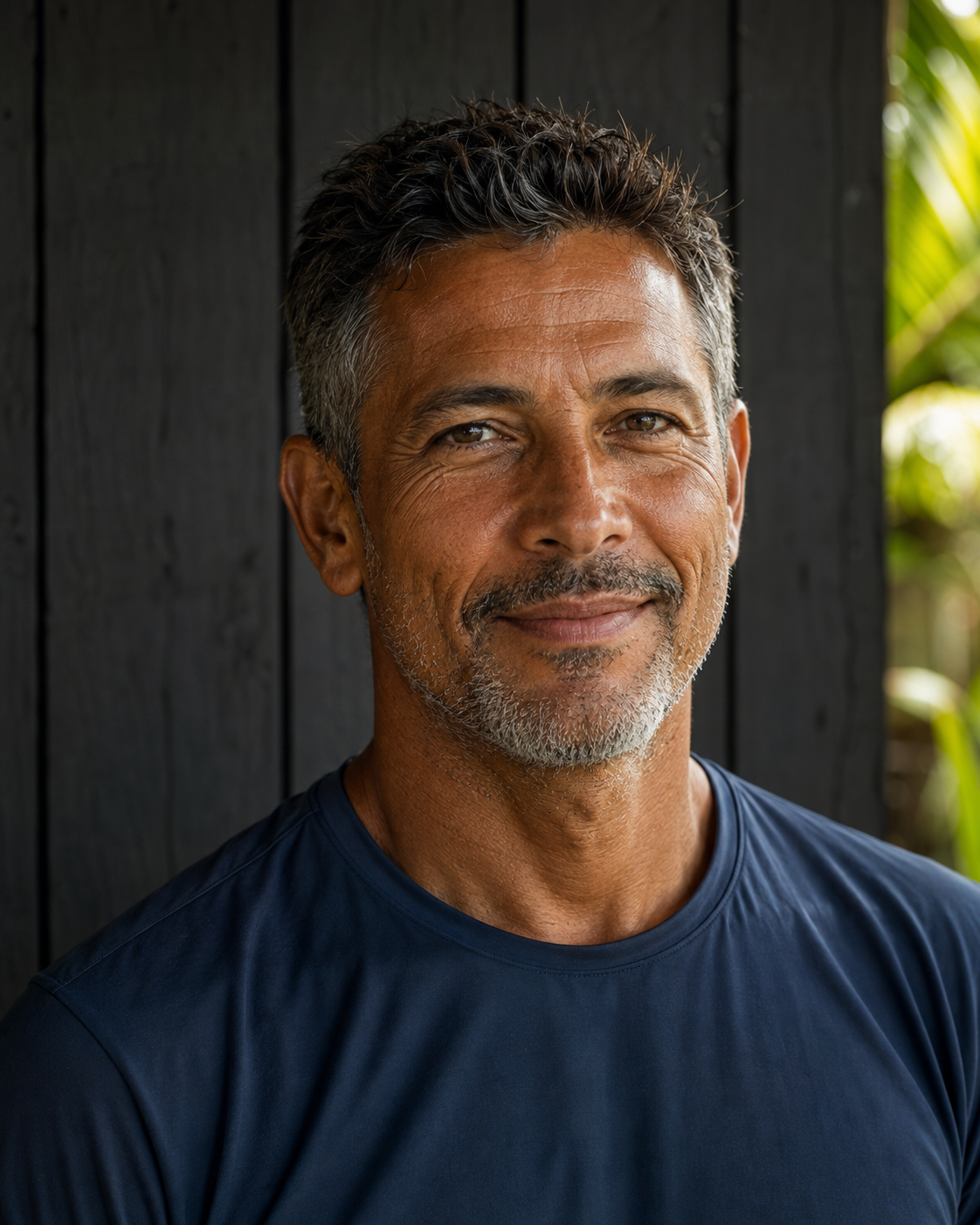 Portrait of Rafael Jiménez, a SurfWERX guide, in a navy technical surf top against a charred-wood wall with tropical foliage behind.