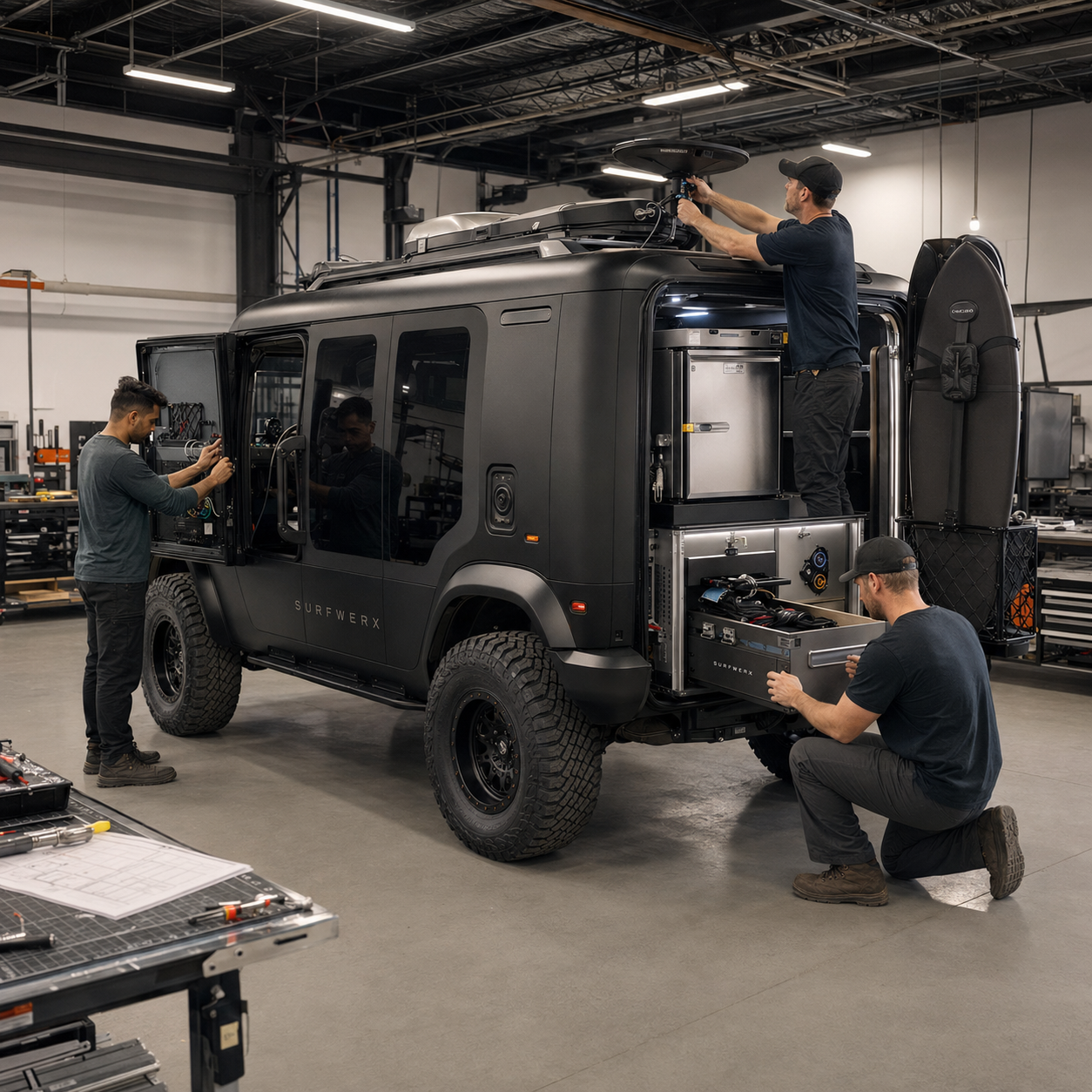 Three technicians outfitting the WERX-Mobile in a fabrication bay: one mounting the roof satellite dome, one wiring the interior, one fitting a rear equipment drawer beside the cold-storage unit and board carrier.