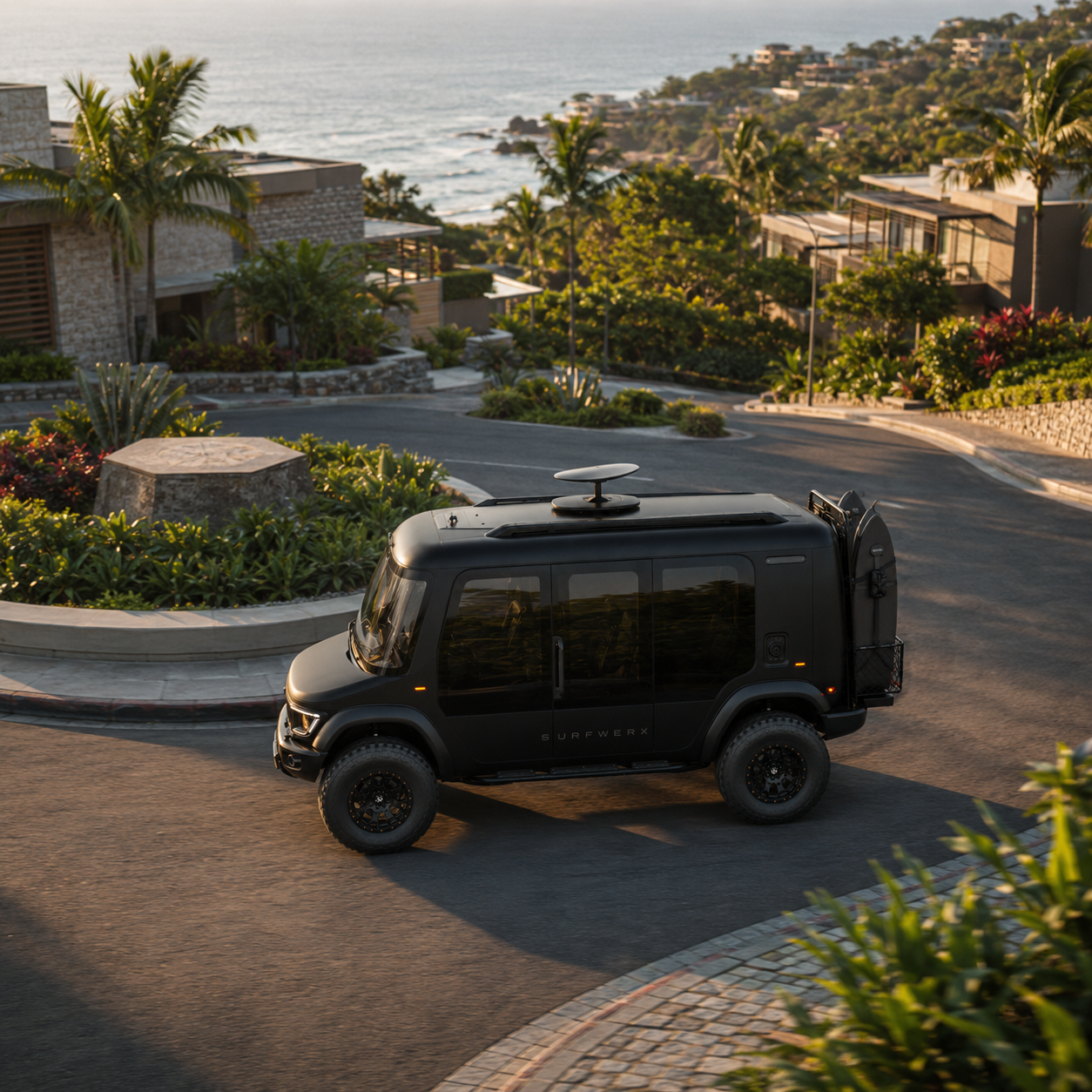 The WERX-Mobile on the access road of a coastal resort at dawn, palms and villas either side, ocean beyond.
