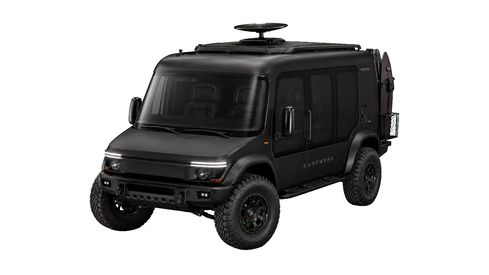 The WERX-Mobile concept: a matte-black high-clearance 4x4 expedition vehicle, front three-quarter view, with a roof-mounted satellite dome, roof rack and a surfboard on the rear carrier.