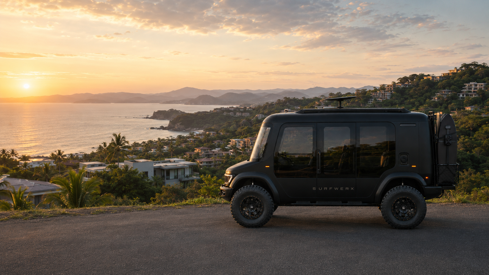 The WERX-Mobile, a matte-black high-clearance 4x4 expedition vehicle with a roof-mounted satellite dome and a surfboard on the rear carrier, parked on a headland above the Guiones coastline at sunset.