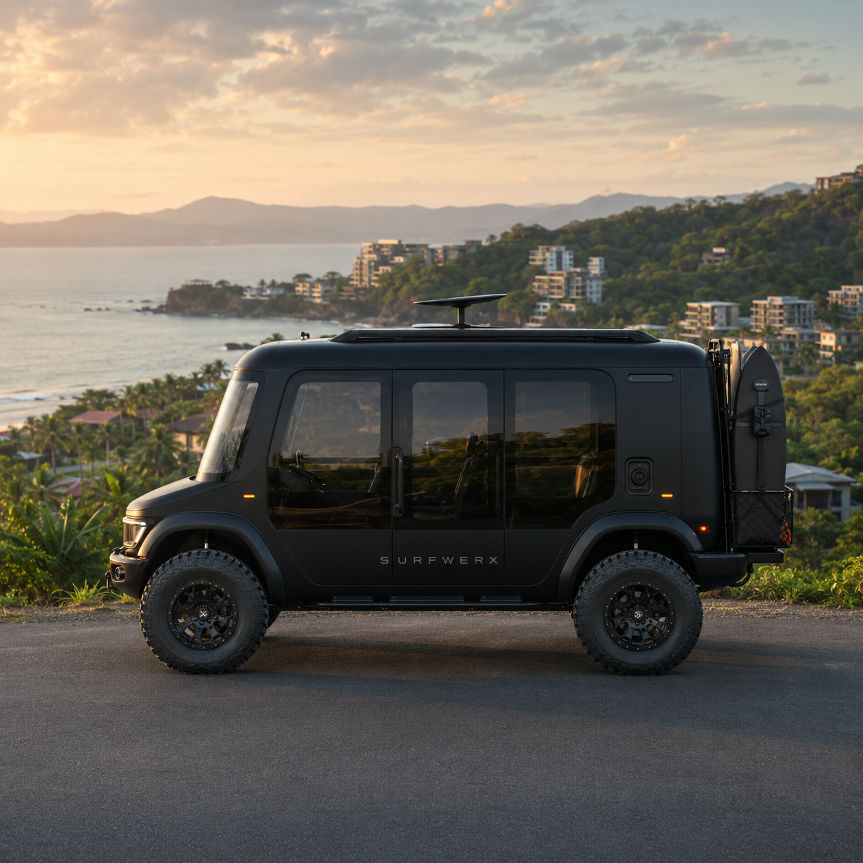 The WERX-Mobile parked in profile on a headland above the coastline at sunset, surfboard mounted on the rear carrier.
